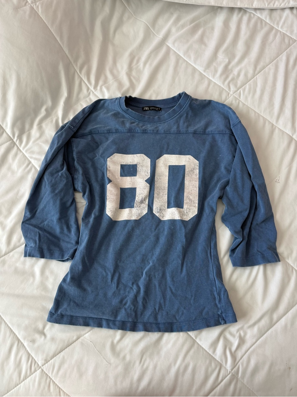 Zara Blue Long Sleeve Top with White '80' Graphic